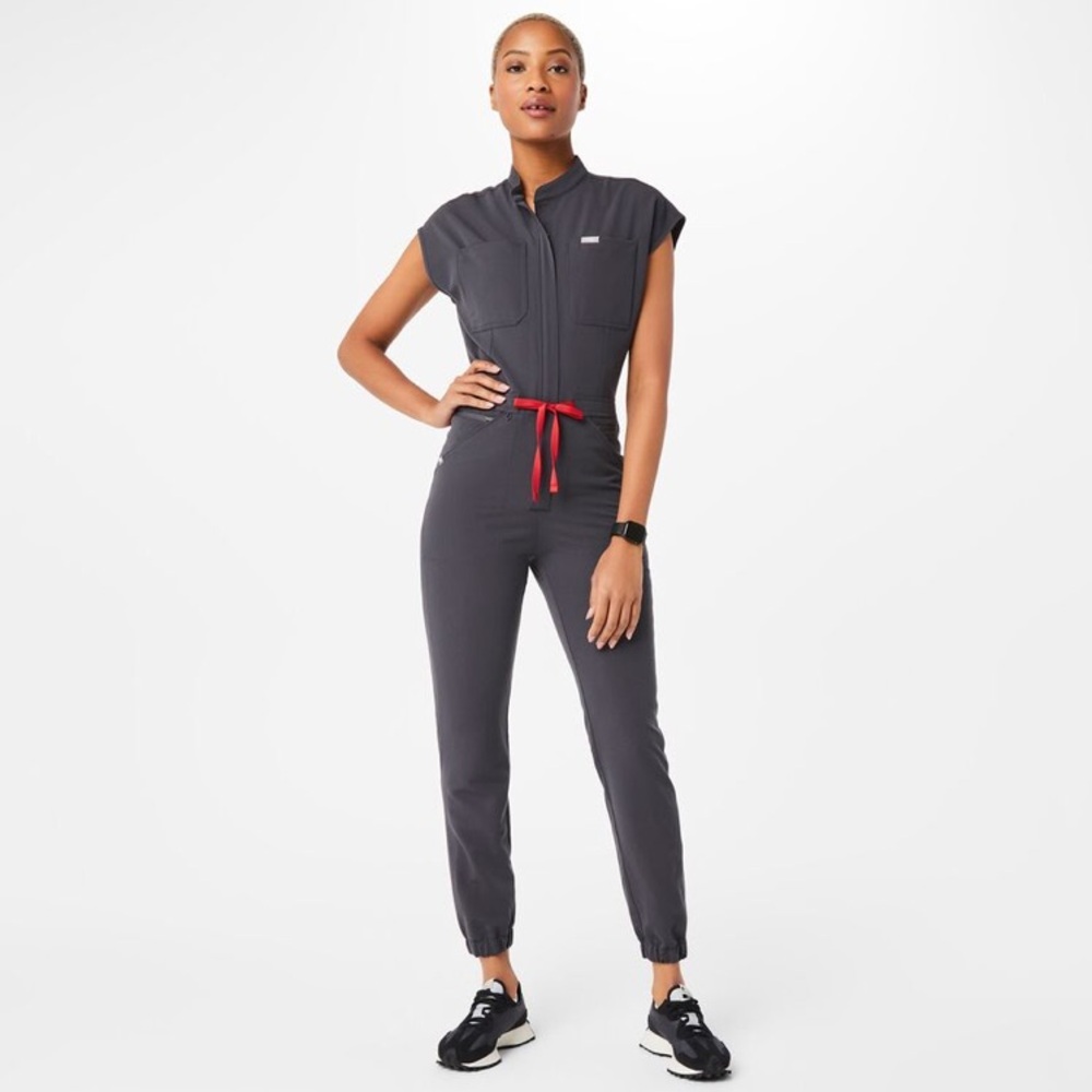 Figs Rafaela Jumpsuit in Charcoal grey with red contrast drawstring size large